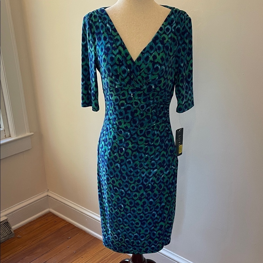 Lauren Ralph Lauren Blue Green Faux Wrap Ruched Jersey Dress Size 6 NWT